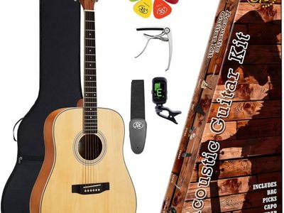 Pack | Guitarra Acustica | Cuerpo Dreadnought | Funda-Afinador-Correa-Capo-puas | Color Natural
