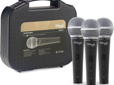 STAGG SET DE 3 MICROFONOS STAGG DINAMICOS CARDIOIDES CON CABLES 5mts-ESTUCHE