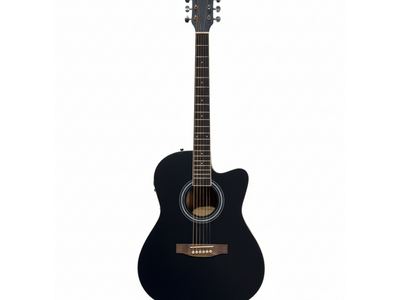 TEXAS Guitarra Electroacustica | Cuerpo Concert | Tapa Tilo | Aro y fondo Tilo | Clavijas Die-Cast Cromadas | EQ 4 vias | Cenefa | Color Negro MATE