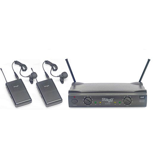 SISTEMA INALAMBRICO UHF STAGG CON DOS MICROFONOS CORBATEROS UNA BASE Y ESTUCHE