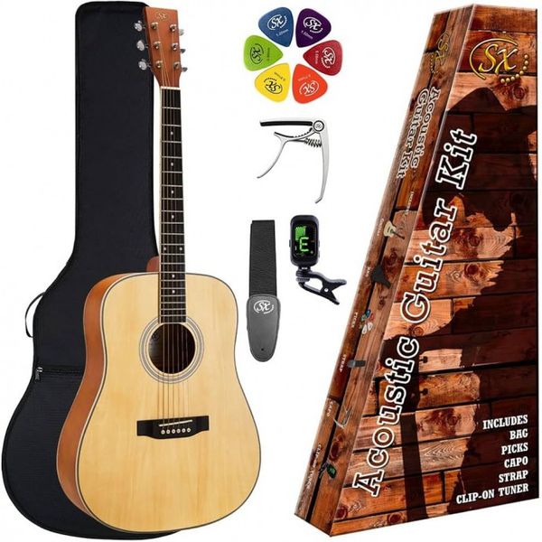 Pack | Guitarra Acustica | Cuerpo Dreadnought | Funda-Afinador-Correa-Capo-puas | Color Natural