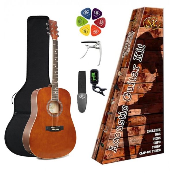 Pack | Guitarra Acustica | Cuerpo Dreadnought | Funda-Afinador-Correa-Capo-puas | Color Brown