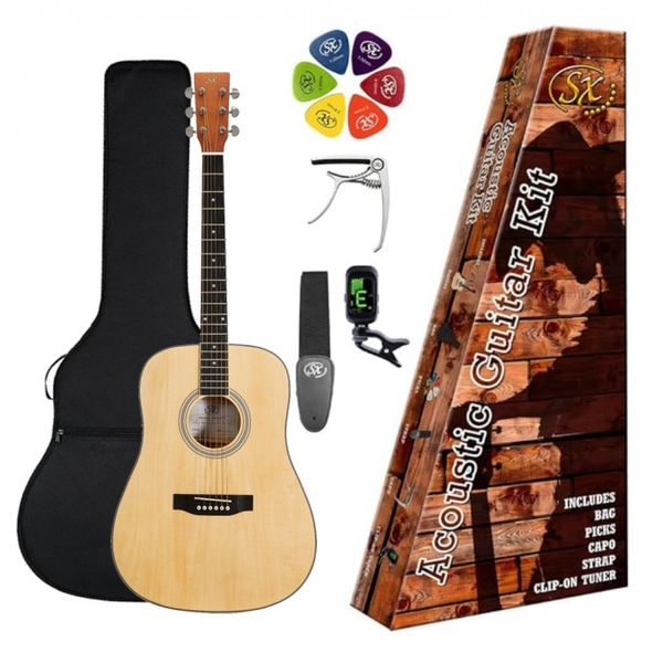 Pack | Guitarra Acustica | ZURDA | Cuerpo Dreadnought | Funda-Afinador-Correa-Capo-puas | Color Natural
