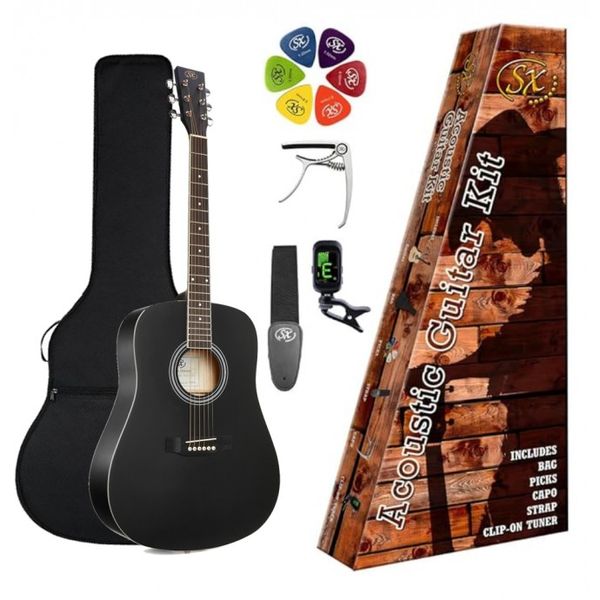 Pack | Guitarra Acustica | Cuerpo 3/4 Dreathnoght | Funda-Afinador-Capo-Puas-Correa | Black