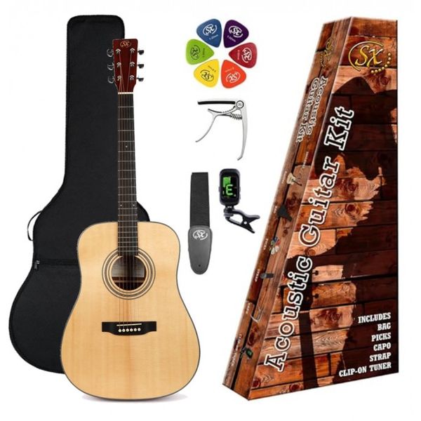 Pack | Guitarra Acustica | Cuerpo Dreadnought | Funda-Afinador-correa-Capo-Puas| Color Natural Mate