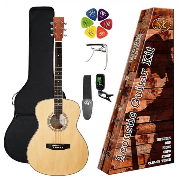 Pack | Guitarra Acustica | Cuerpo Triple "0" | Funda-Afinador-Capo-Puas-Correa | Color Natural Mate