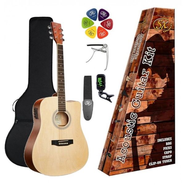 Pack | Guitarra Electroacustica | Cuerpo Dreadnought | Cutaway | Preamp | Funda-Afinador-Correa-Capo-puas | Color Natural Mate