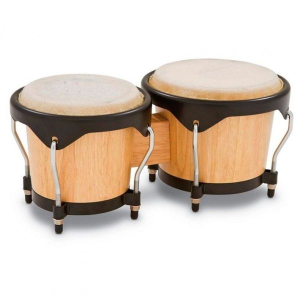 Bongo de madera, cuerpo tirantes 2 colores , 6" + 7", tensor fino, aro recto