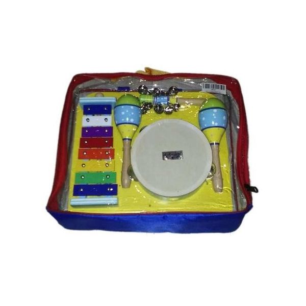 Set de percusión p/niños | 4 instrumentos | Pandereta+Maracas+Cascabeles+Glokenspil | c/funda